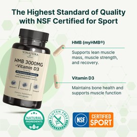 VINATURA HMB 3000mg and Vitamin D3 Supplement - HMB (Beta-Hydroxy Beta-Methylbutyrate), Vitamin D3 (1600 IU), Made in USA & NSF Certified for Sport - 120 Capsules