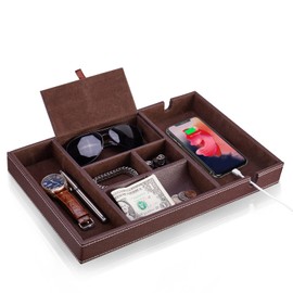 Baoyun Nightstand Organizer Tray, Leather Valet Tray for Men, EDC Catchall Tray with Phone Charging Station, Dresser Top Organizer, 6 Compartments Entryway Valet Box for Wallet, Keys, Phone