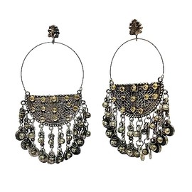 Designer Indian Afghani Oxidiised Silver Ethnic Traditional Kundan Stone Handmade Bohemian Hoop Style Dangle Jhumka Earrings