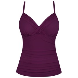 Hilor Tankini para mujer, traje de baño fruncido con control de abdomen, traje de baño cruzado con cuello en V, Burgundy, 18