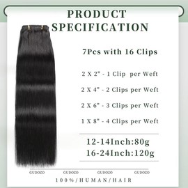 GUDOZO Clip-In Real Hair Extensions, 7 Pieces, 35 cm, Natural Black, Invisible Clip Extensions, Real Hair Black Clip Extensions, Skin Weft, 80 g, Hair Extension (14 Inches, 1B#)
