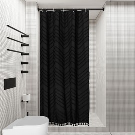 Siiluminisoy Small Stall Boho Shower Curtain Black Tassel Woven Fabric Shower Curtain 36 x 72 Half Size Tufted Chevron Striped Textured Modern Farmhouse Minimalist for Bathroom