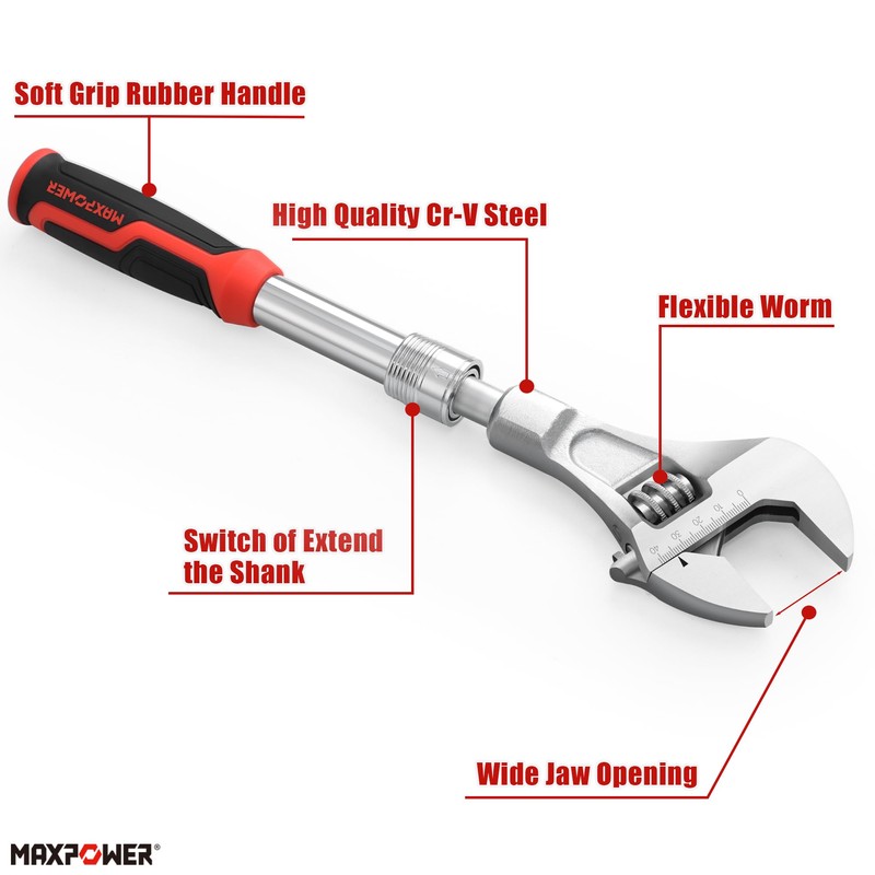 MAXPOWER Extendable Adjustable Wrench, Retractable Extension Shank 13.8" to 19.7",