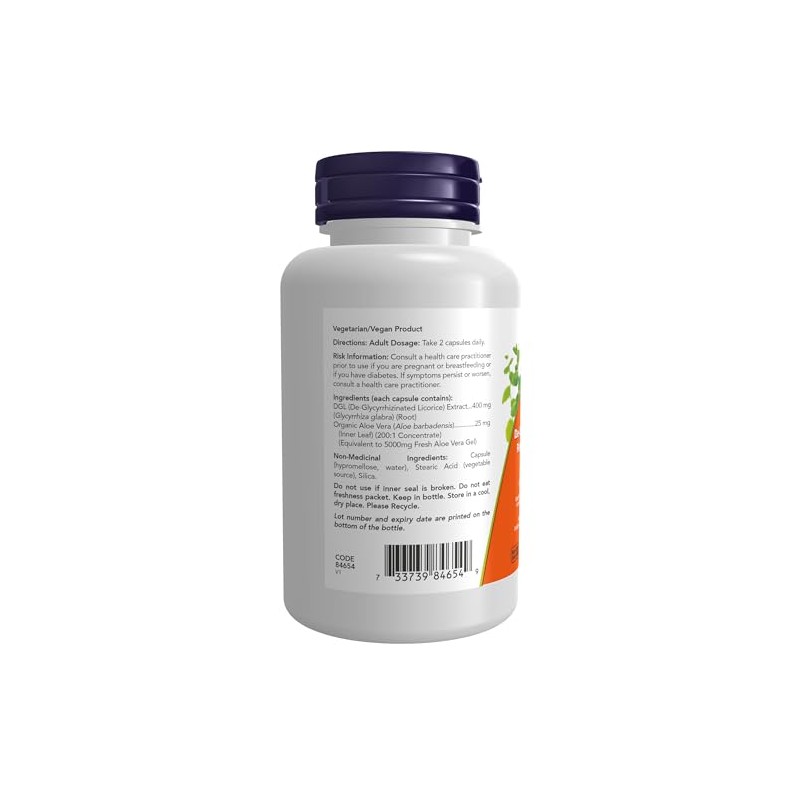 NOW NOW DGL 400mg with Aloe Vera, De-Glycrryhizated Licorice, 100vcap