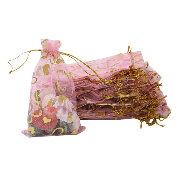 Outdoorfly 100PCS Organza Gift Bags 4x6 Inches Pink Drawstring Jewelry Pouches Favor Bags Wedding Party Baby Shower Bags (100PCS Heart Pink)