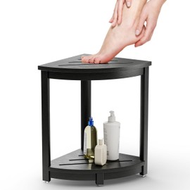 HOLANA 12" Wood Corner Shower Bench & Corner Shower Stool with Storage Shelf - Footrest for Shaving Legs - Bath Step for Small Spaces - Perfect for Indoor or Outdoor (Black, 12x12x18)