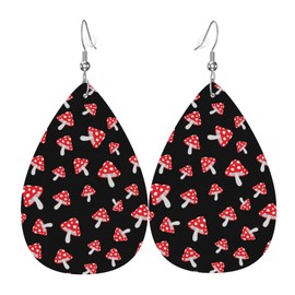 Mushroom Red Leather Earrings For Women, Double-sided Teardrop Earring, Leaf Dangle Drop Earrings, Art Earrings Jewelry For Beach Party Gift