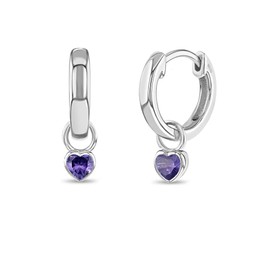925 Sterling Silver Petite Simulated Amethyst Birthstone Heart Charm Hoop Earrings For Girls 12mm - Purple Cubic Zirconia Earrings For Girls - Beautiful Jewelry Gift Idea for Girls Born in February