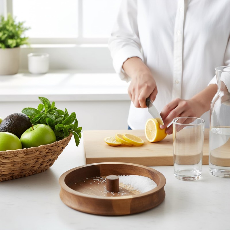 Wellrun Cocktail Rimmer Box for Margaritas,Wooden Drink Garnish Tray,Round Bar