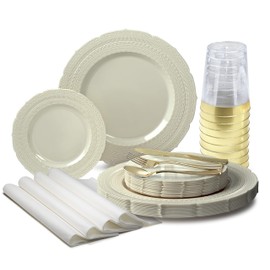 OCCASIONS 560pcs set (80 Guests)-Heavyweight Wedding Party Disposable Plastic Plate Set-80 x 11'' + 80 x 7'' + Gold Silverware + Cups + Napkins (Chateau in Ivory)