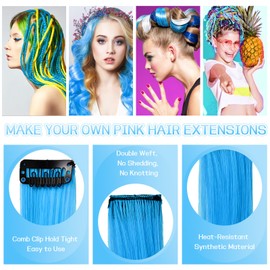 CLOEWCL 12 PCS Blue Hair Extensions Clip in, 22" Colored Highlights, Synthetic Straight Hair Piece DIY Accessories for Daily Party (LightBlue)