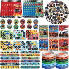 KEFAN Monster Truck Party Favor Supplies including Cartoon Monster Truck Theme Gift Bags, Wristbands, Stickers, Badge, for Monster Truck Theme Kid's Birthday Party Gift