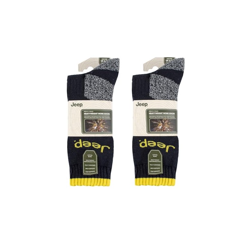 Jeep Mens Workwear Boot Socks 6 Pair Multipack Black/Charcoal/Yellow 6-11