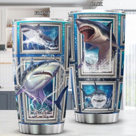 KOIXA Shark Tumbler Cup With Lid Blue Ocean Themed Coffee Mugs For Women Sharks Underwater Sea Animal Print Tumblers Stainless Steel 20 Oz Holiday Christmas Gift Cool Shark Things