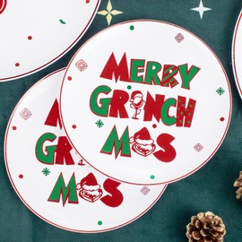 WELLIFE 60pcs Grinch Christmas Plates-60 Plastic Christmas Dinner Plates and 60 Plastic Christmas Dessert Plates,Red and Green Plastic Plates with Christmas Tree Patterns for Christmas Party