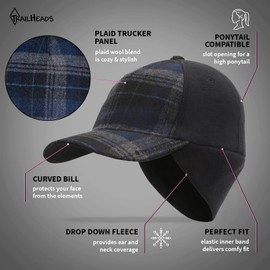 Women's Winter Ponytail Hat | Trucker Hat with Drop Down Ear Warmers - Blue Plaid