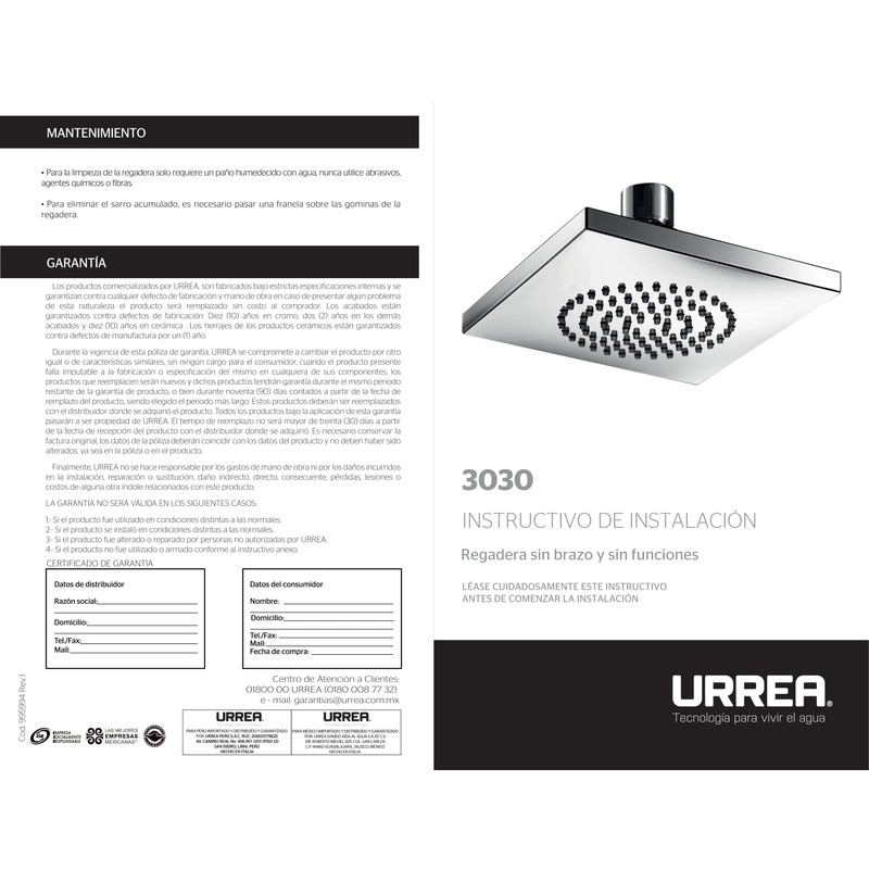 URREA 3030 Regadera con Gominas Antisarro
