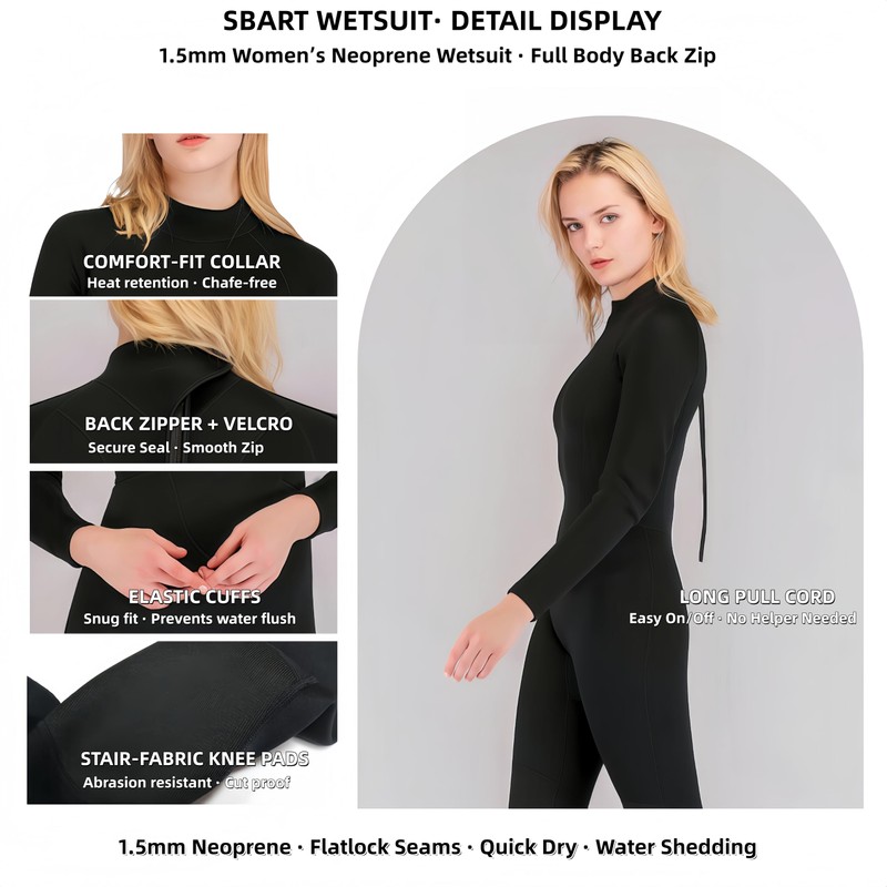 SBART 1.5mm Womens Wetsuit Full Body Back Zip Neoprene Diving