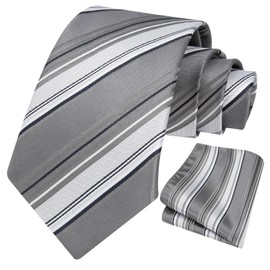 HISDERN Stripe Tie Mens Ties with Pocket Square Set Classic 3.4'' Silk Formal Necktie Handkerchief for Business Wedding, B-04-blue Grey, 8.5cm / 3.4 inches in Width