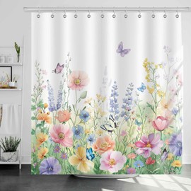 Dazzlewall Flower Shower Curtain, Spring Flowers Butterflies Shower Curtains, 180 x 180 cm, Waterproof, Anti-Mould, Washable, Polyester Textile Fabric, Bathroom Curtain for Bathroom with 12 Hooks