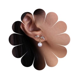 Yheakne Vintage Crystal Bow Pearl Drop Earrings Tiny Gold Pearl Dangle Earrings Rhinestone Bowknot Stud Earrings Sparkly Bow Pearl Earrings Jewelry for Women