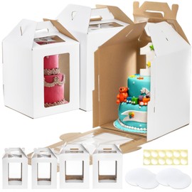 Pumtus 4 Pack Tall Cake Boxes in 2 Size, 10x10x12 & 12x12x14 Inch Tiered Cakes Carrier, Large Layer Cake Box with Window, Disposable Dessert Container with Cakes Board, Bakery Box for Birthday Wedding