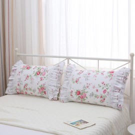 Meaning4 2-Pack Rose Floral Print Pillow Shams with Lace Ruffles Shabby Chic King Size Pillowcases 20 x 36 Country Vintage Style