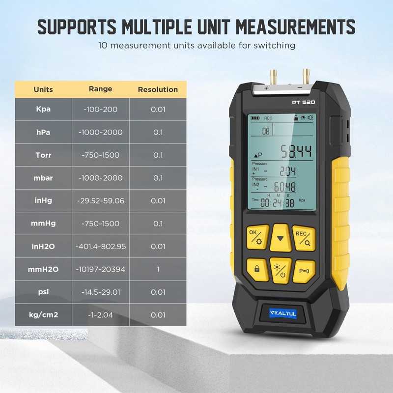 VKALTUL Digital Manometer PT520,Dual Port Air Gas Pressure Tester Differential