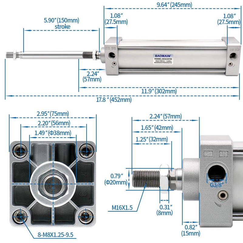 Baomain Pneumatic Air Cylinder SC 63 X 150 PT3/8, Bore: