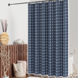 MitoVilla 72 x 84 Navy Blue Boho Extra Long Shower Curtain, Farmhouse 84 inch XL Polyester Linen Texture Tassel Fabric Shower Curtain Set with Hooks for Cottagecore Country Bathroom Decor