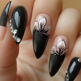 LOPMNGHT Black French Press on Nails Medium Almond Flower False Nails with Rhinestones Glitter Powder Design Artificial Stick on Nails Full Cover Acrylic Coffin Nails Reusable Glue on Nails for Women