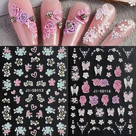 Flower Nail Art Stickers Summer 5D Embossed Flowers Nail Decals 3PCS Colored Floral Five-Petaled Flower Butterfly Design Manicure Adhesive Sliders Flower Sticker for Nails Women Nail Art Decorations