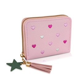 WisePoint Ladies Purse Wallet, PU Leather Purse Lady Credit Card Holder with Star Pendant, Solid Color Wallet (pink)