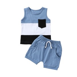 Edhomenn Toddler Boys Summer 2Pcs Outfits Sleeveless Contrast Color Tank Tops and Solid Color Drawstring Shorts with Pockets (01 Blue, 18-24 Months)