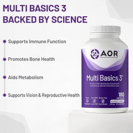 AOR Multi Basics 3 309mg, 180 Caps, 60-Day Supply - Comprehensive Multivitamin for Men & Women, Gluten-Free, Easy-to-Swallow, No Aftertaste, Daily Essential Vitamins & Minerals Supplement for Adults