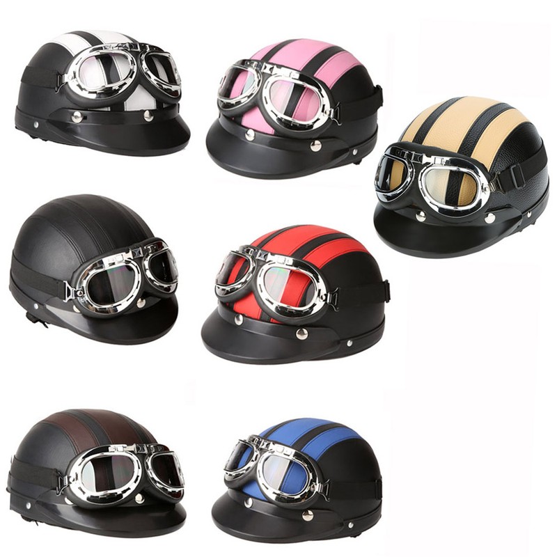 Motorcycle Scooter Open Face Half Leather Helmet with Visor UV