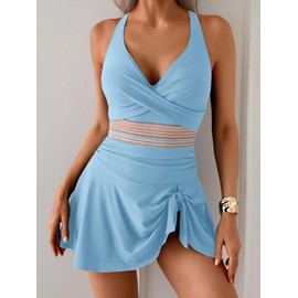 Aidonger Women One Piece Swimsuit V Neck Swimdress Color Block Bathing Suit Skirt Tummy Control Tie Back Swim Dress