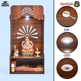 Git Kya De Pooja Mandir for Home, Wooden Temple with Storage Shelf & LED Spotlight, DIY Wall Mounted Puja Mandirs, Home Temple Devghar, Puja Stand for God Idols, Office, Shop - (21 x 11 Inches)