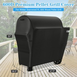Utheer Grill Cover for Weber Searwood XL 600 Pellet Grill, Heavy Duty 600D Waterproof Fabric Grill Cover for Weber 3400146, Black