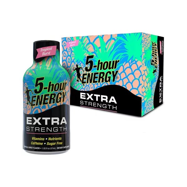 5-hour Energy Shots Extra Potente, Vitaminas 12 Pack Sabor Tropical Burst