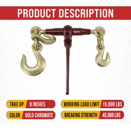 Mytee Products Heavy Duty Specialty Pro Ratchet Load Chain Binder w/Grab Hook & Slip Hook, 1/2" Grab Hook & 5/8" Slip Hook - 1/2" Grab Hook, 15,000 Lbs WLL, Chain Binders for Flatbed Truck Trailer