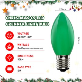 Bokoiuu 25 Pack C9 Green Christmas Replacement Bulbs, LED Plastic Shatterproof Bulbs, 0.6W Equivalent to 7W, Christmas Vintage Light Strings, Christmas Green Night Bulbs, E17 Screw Base