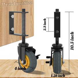 Lygoeege 2Packs Gate Wheel with Brake 4inch Gate Caster for Wooden Gate, 250-500lbs Capacity, Spring-Loaded Absorbing Solid Rubber Tire Gate Wheels, with Screws & Screwdriver