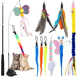 Simpeak Juego de 12 Piezas para Gatos, 2 Juguetes Retráctiles para Gatos con Varita y Ventosa de Plumas, 10 Juguetes Interactivos de Repuesto para Gat