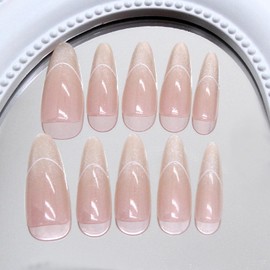 MERVF Long Almond Press on Nails Cat Eye French Tip Fake Nails Glitter Glue on Nails Press ons with Design Acrylic Stiletto False Nails for Women Glossy 24pcs