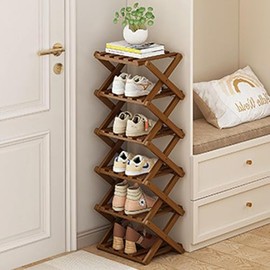 NANPONE Narrow Shoe Rack-Free Standing Shoe Racks-Bamboo Shoe Storage Organiser Vertical Foldable Shoes Shelf for Entryway,Closet,Hallway,Bedroom (Tawny, 6 Layer)