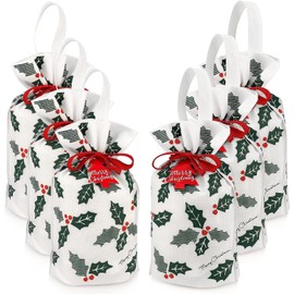 LATERN 6Pcs Christmas Drawstring Gift Bags, 45CM x 30CM Holly Leaves Gift Bags Reusable Non-Woven Party Bags with Handle & Satin Ribbon Drawstring & Tags for Xmas Gift Wrapping Presents Decorations