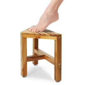 Teak Shower Stool, Teak Shower Bench, 12'' Shower Foot Rest for Shaving Legs, Waterproof Corner Shower Bench, Organizer Stool, Corner Seat for Bathroom Livingroom