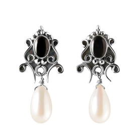 Franki Baker Black Onyx, Pearl & Oxidized 925 Sterling Silver Drop Earrings. Length: 2.5cms