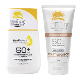 FOTOSUN UV 100 Fluid Protect Protector Solar Facial Fotoprotector Luz Azul 50+ FPS UVA UVB Consistencia Liquida Rápida Absorción Alta Protección Resistente al Agua Uso Diario (KIT: FLUID + ADAPTIVE COLOR)